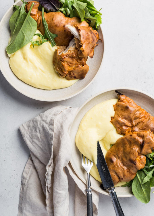 Erdnuss-Hähnchenschnitzel mit Kartoffelpüree